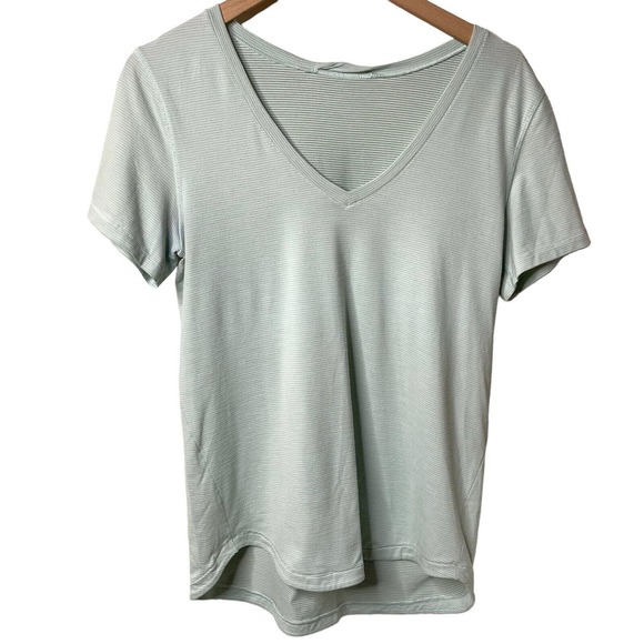 lululemon athletica Tops - Lululemon Light Aqua Blue Wee Stripe V-Neck Athletic Short Sleeve T-Shirt 6